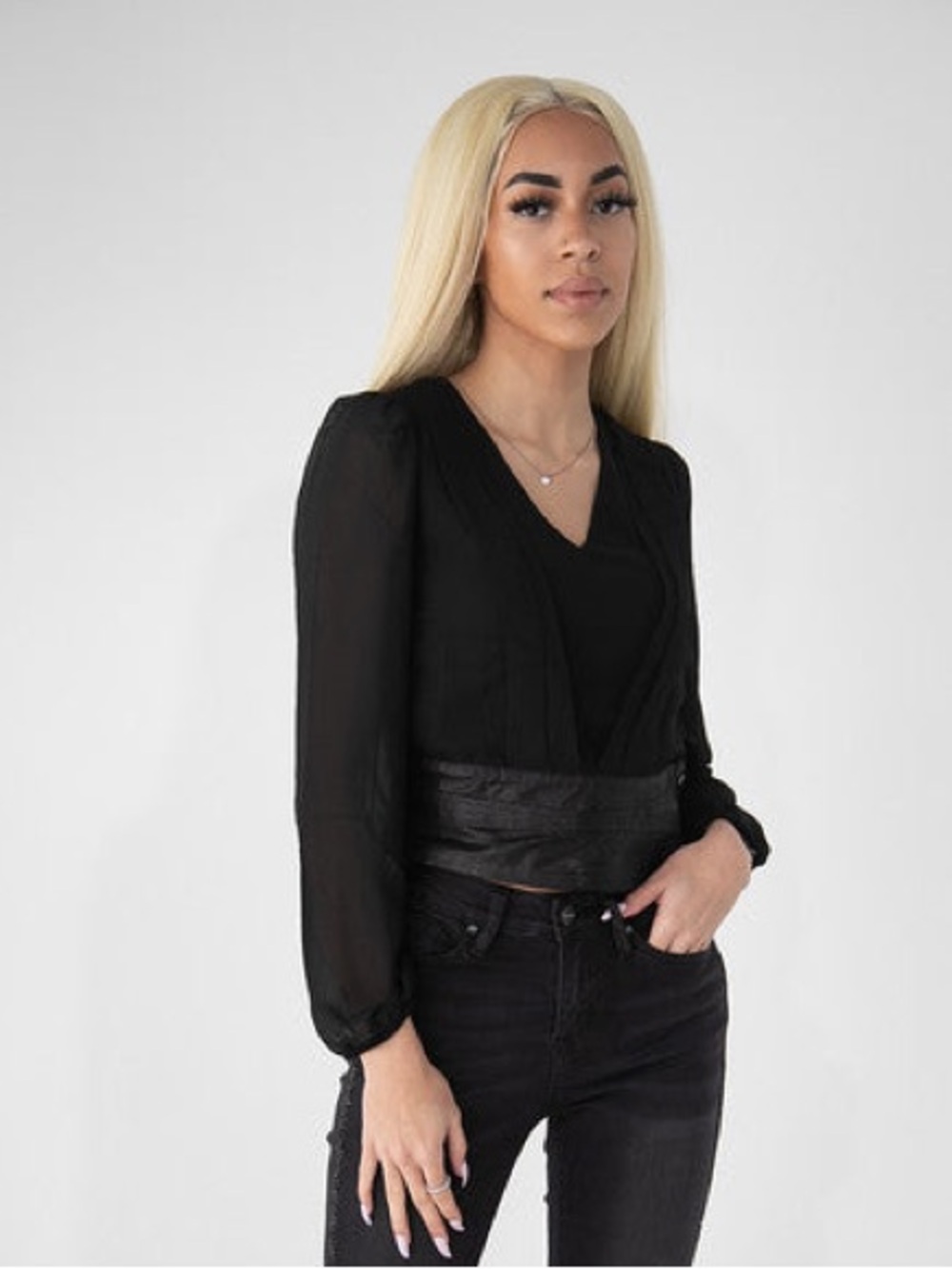 Black Chiffon Side Button Blouse